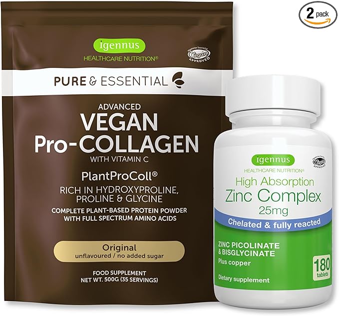 Vegan Collagen Protein Powder + Zinc Complex Vegan Bundle for Skin Hair Nails Complete Collagen Boosting Formula + 25mg Chelated Zinc by Igennus