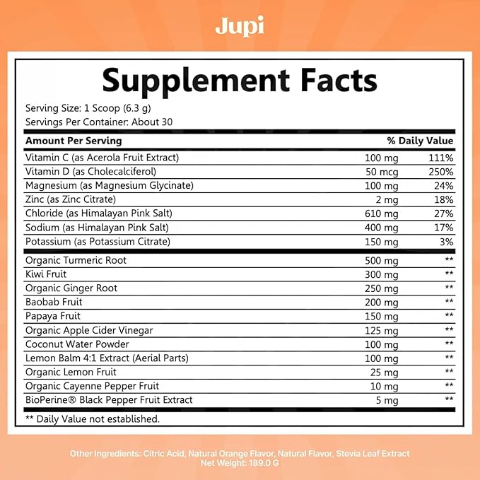 Jupi Hydration &amp Wellness Powder – Turmeric &amp Ginger shots Vitamin C Supplement for Energy Immune Support &amp Digestive Health – Vegan Gluten-Free Drink Mix for Men &amp Women Citrus Fl