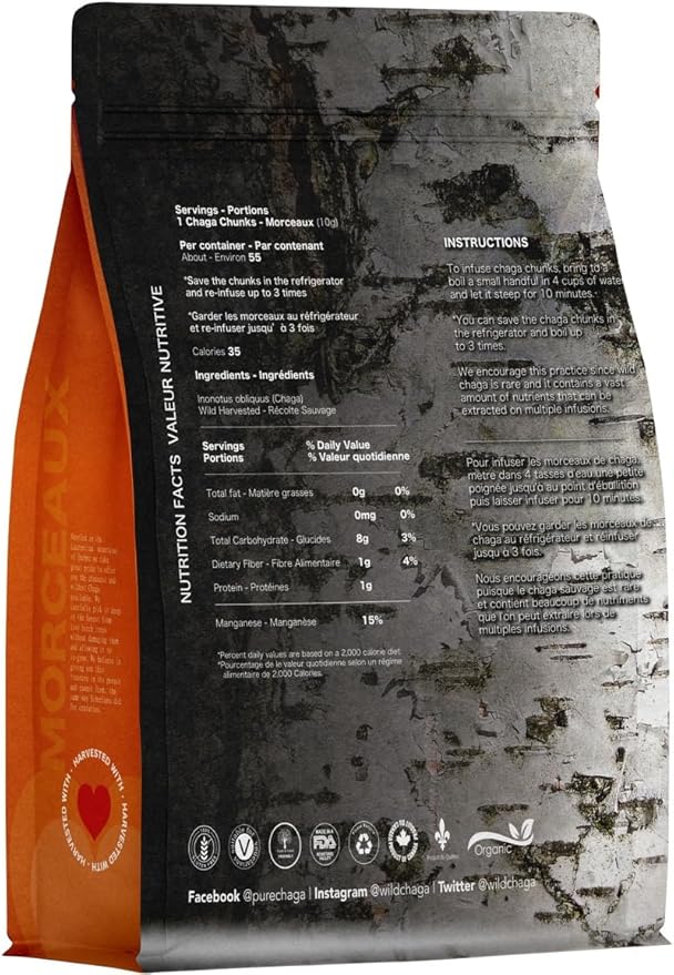 Premium Organic Chaga Mushroom Chunks - 8 oz of Authentic 100% Wild Harvested Canadian Chaga Tea - Superfood