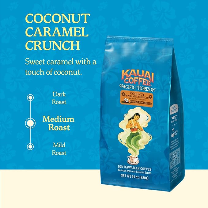 Kauai Coffee Whole Bean Coffee – Smooth Non-Bitter Medium Roast Pure Arabica – Nutty Caramel and Tropical Coconut – Grown on Hawaii's Largest Coffee Farm – Coconut Caramel Crunch 1 Pack of 24oz