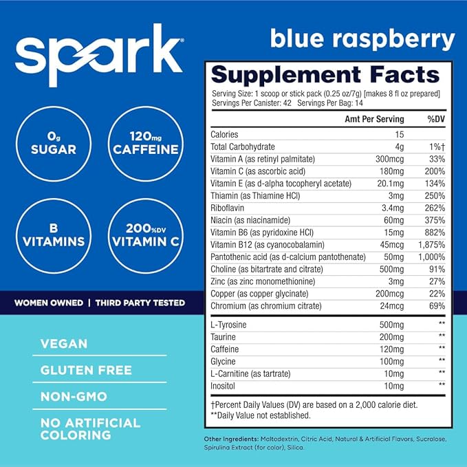 AdvoCare Spark - Energy Drink Mix - Vitamin &amp Amino Acid Supplement - Supports Energy &amp Focus - Portable Immune Support - Sugar-Free - Blue Raspberry (10.5 oz)