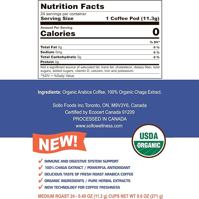 SOLLO Chaga Mushroom Infused Coffee Pods Boost Focus &amp Immunity Memory &amp Clarity Medium Roast Compatible With 2.0 K-Cup Keurig Brewers Organic by USDA No After Taste 24 Ct