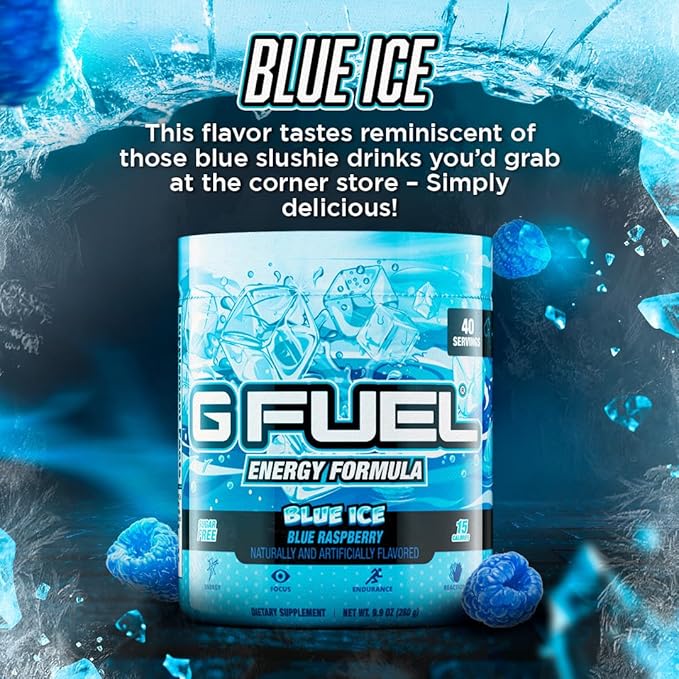 G Fuel Blue Ice Energy Drink Powder Pre Workout Caffeine Mix for Gaming Sugar Free Focus Amino Vitamin + Antioxidants 9.9oz (Blue Raspberry 40 Servings)