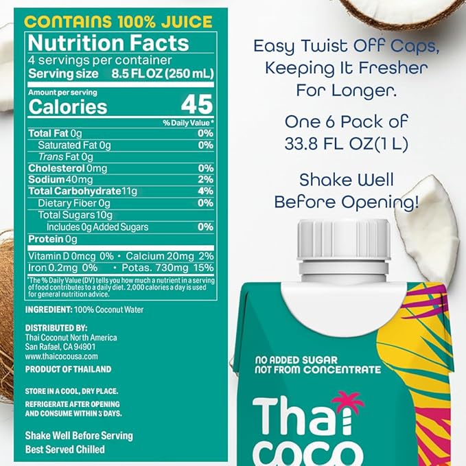 Thai Coco Organic Coconut Water 100% Pure &amp Unsweetened No Sugar Added USDA Organic Natural Electrolytes Hydration Drink 33.8 fl oz Tetra Carton (Pack of 6)