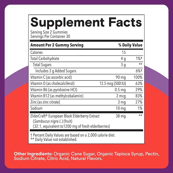 SmartyPants Kids Immunity Elderberry Gummies: Kids Immune Support Supplement Vitamin C Vitamin D Vitamins B6 &amp B12 and Zinc Gluten Free Elderberry Flavor 60 Count (30 Day Supply) (Pack of 2)