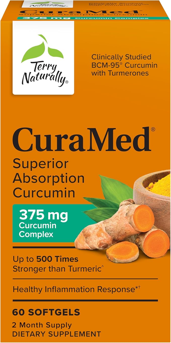 Terry Naturally CuraMed 375mg - Antioxidant Supplement for Brain &amp Immune Health Support - Dietary Supplement with Curcumin &amp Turmeric Essential Oil - Herbal Liver Support - 60 Softgels