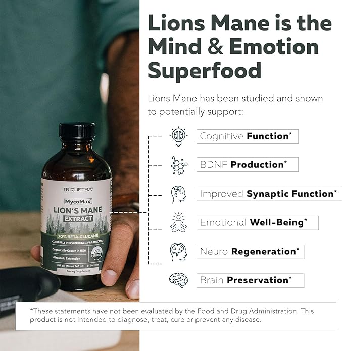 MycoMax Lions Mane Extract - 70% Beta Glucans Max Potency Organic Lions Mane Supplement US Grown + Ultrasonic Extraction - 500 mg per serving - Mental Clarity Focus and Memory - 8 oz.