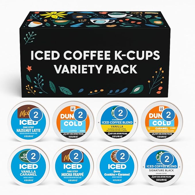 Cold Iced Coffee K-Cups Variety Pack – 8 Flavors 16 Pods –Top Brands in One Box – Vanilla Caramel Hazelnut Latte Mocha Frappe Cookies and more – Keurig Compatible