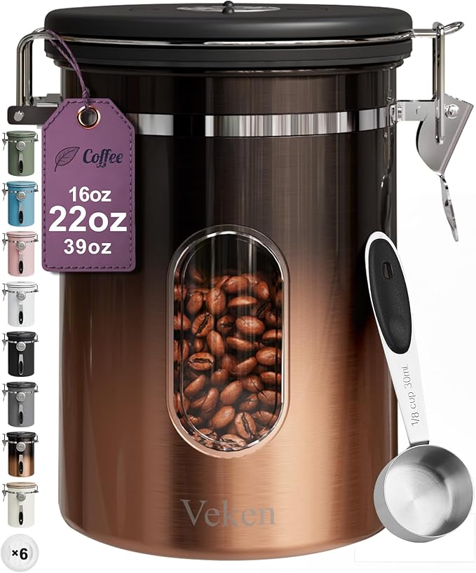 Veken Coffee Canister with WindowAirtight Stainless Steel Kitchen Food Storage Container Date Tracker &amp Scoop for Grounds Coffee Beans TeaFlourCerealSugar22OZCopper