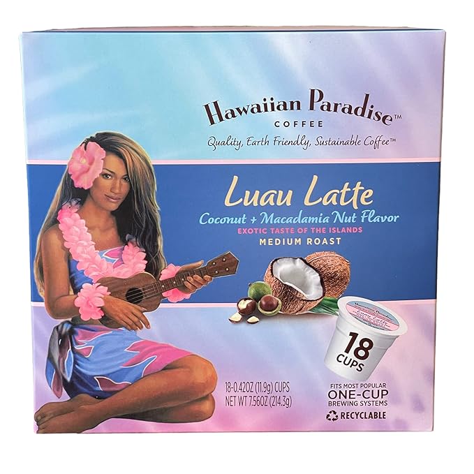 Hawaiian Paradise Coffee Luau Latte Coconut &amp Macadamia Nut Flavor Single Serve Cups (18 Cups) – Medium Roast with an Amazing Aroma – Compatible with Keurig K-Cup Brewers