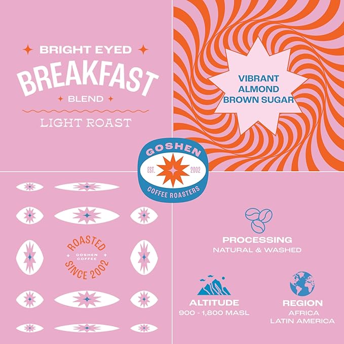 Goshen Coffee Roasters Ground Bright Eyed Breakfast Blend | Light Roast Brewed or Espresso | Award-Winning - Natural and Washed | Vibrant Almond Brown Sugar Flavors | 5 lb Bag