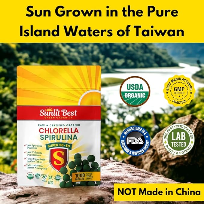 Sunlit Super 50/50 Organic Chlorella Spirulina Tablets - Super Greens Supplement for Immune Support Gut Health Mood &amp Energy - Rich in Chlorophyll Amino Acids &amp Vegan Protein 1000 Superfoo