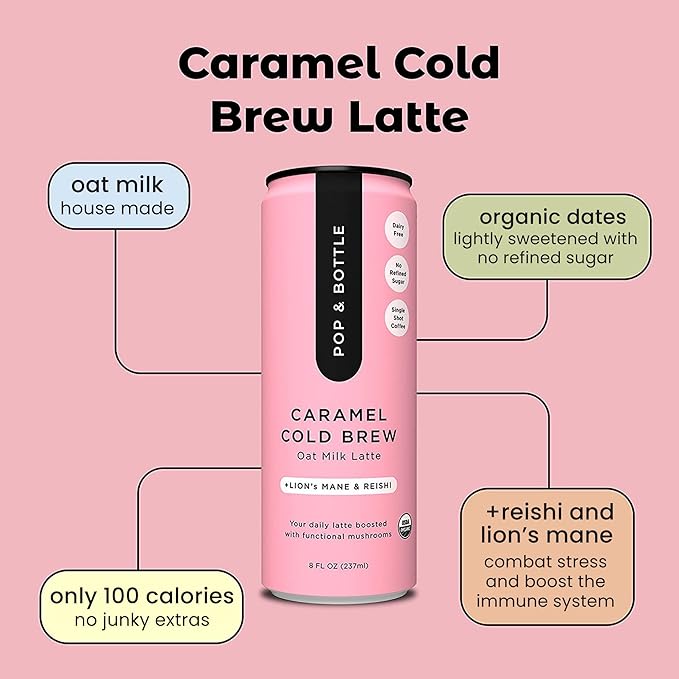 Pop &amp Bottle Oat Milk Lattes - Cold Brew With Lions Mane &amp Reishi Mct Oil Single Shot Cold Brew Mushrooms Organic Dairy Free Gluten Free Great As Iced Coffee Lightly Sweetened With Da