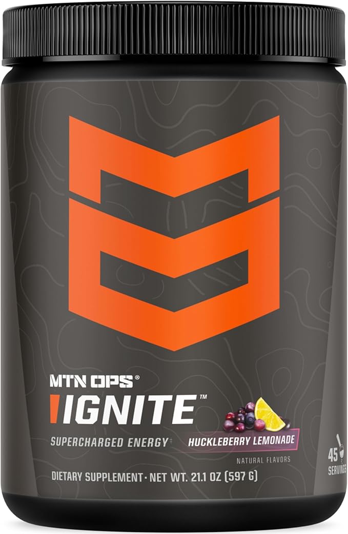 MTN OPS Ignite Energy Drink Powder Gluten Free Nootropic Supplement Drink Mix L Arginine L Citrulline Caffeine &amp Nootropic Sugar Free Drink Mix 45 Servings Huckleberry Lemonade