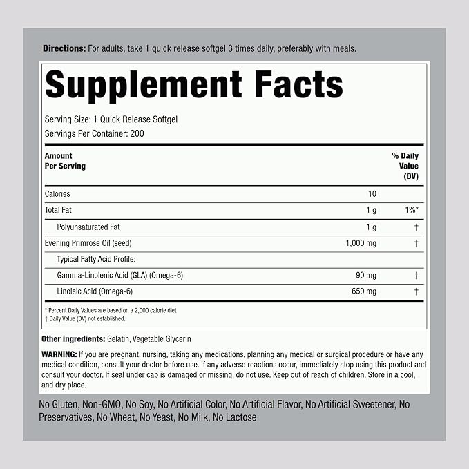 Piping Rock Evening Primrose Oil Softgels 1000mg | 200 Pills | Cold Pressed Dietary Supplement | Non-GMO Gluten Free
