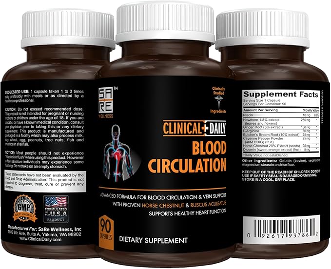 Clinical Daily Blood Circulation Supplement. Butchers Broom Horse Chestnut Cayenne L-Arginine Diosmin. Herbal Varicose Vein Treatment. Poor Circulation and Vein Support. 90 Capsules