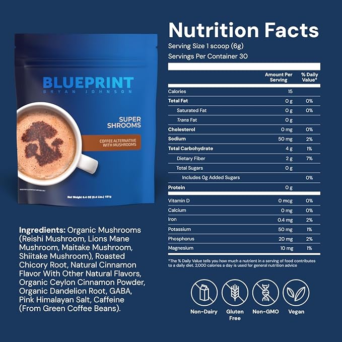 Blueprint Bryan Johnson Super Shroom Coffee – Mushroom Coffee with Lion’s Mane Reishi &amp GABA – 70mg Caffeine – Focus &amp Energy Coffee – Adaptogenic Coffee Alternative – 30 Servings