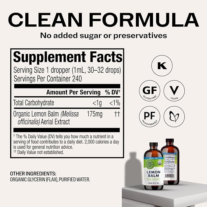 Vimergy USDA Organic Lemon Balm Tincture Herbal Supplement – Can be Used in Tea - Non-GMO Alcohol-Free – 240 mL (1 mL/Serving)