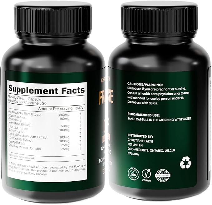 Christian Health Frankincense Myrrh Olive Leaf Capsules – Ashwagandha Lion’s Mane Pomegranate Hyssop &amp Dead Sea Minerals – Vegan Non-GMO GMP Certified Faith-Based Herbal Supplement – 30 Ct