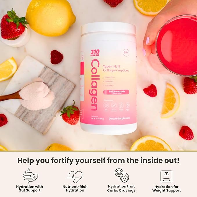 310 Nutrition Collagen Peptides for Women &amp Men - Hydrolyzed Grass-Fed Collagen with Hyaluronic Acid Resveratrol Vitamin C D E - Skin Hair Nail Joint Support - Pink Lemonade 30 Servings