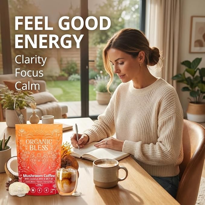 Organic Bless Instant Mushroom Coffee Powder – Organic Lion’s Mane Reishi &amp Cordyceps Blend for Energy Focus &amp Clarity – Adaptogenic Coffee with Coconut Milk &amp MCT Oil – 30 Servings