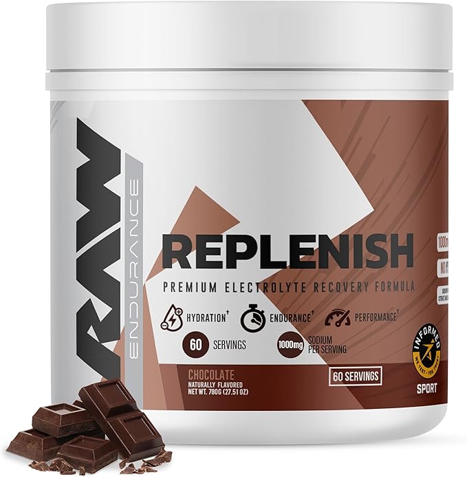 RAW Replenish Premium Electrolytes Powder Recovery Formula Chocolate (60 Servings) - Flavored Electrolyte Drink Mix Supplement for Hydration Replenishment Endurance &amp Performance Workouts