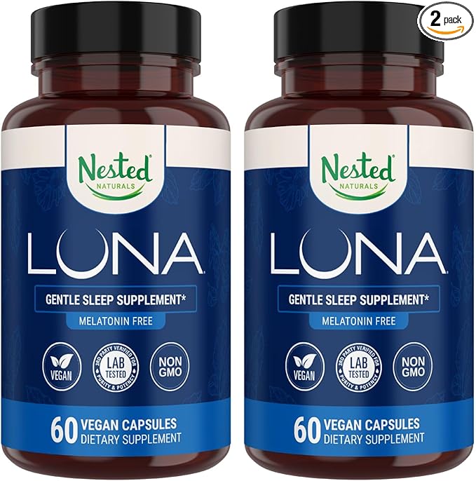 Nested Naturals Luna Melatonin-Free Pack of Two Bedtime Supplement for Adults Herbal Nighttime Sleeping Capsule Valerian Root with Chamomile Lemon Balm Non-GMO Gluten-Free