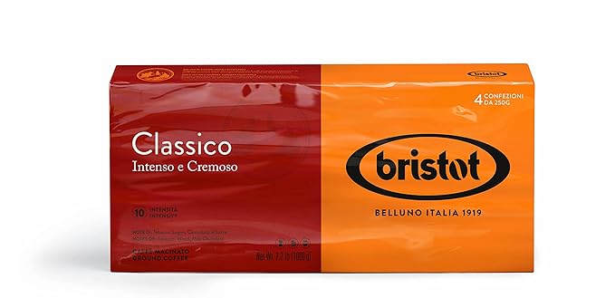 Bristot Classico Italian Breakfast Ground Espresso – Medium Roast Coffee – Intense &amp Creamy Flavor – 4-Pack (250g Each 2.2lb Total) – For Moka French Press &amp Pour Over – Roasted in Italy