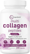 Micro Ingredients Multi Collagen Pills for Women &amp Men 240 Capsules | Type I II III V X | Hydrolyzed Peptides with Biotin Hyaluronic Acid &amp Fat Soluble Vitamin C Complex | Non-GMO Fill