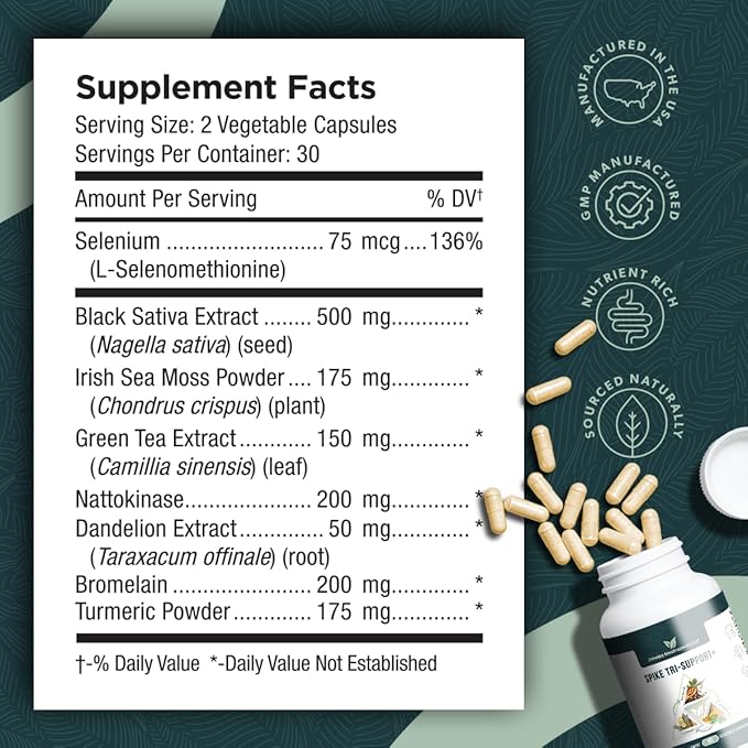 Spike Tri-Support+ with Nattokinase Bromelain and Turmeric - Includes Dandelion Extract Black Seed Extract Green Tea Leaf Selenium for A Full Spectrum Spike Support Supplement