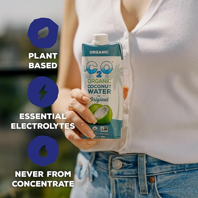 C2O - Organic Coconut Water The Original Flavor (12 Pack) - Made with Fresh Coconut Water - Plant Based Non GMO - Natural Hydration Essential Electrolytes &amp Potassium - 12 Tetra Packs 16.9 FL