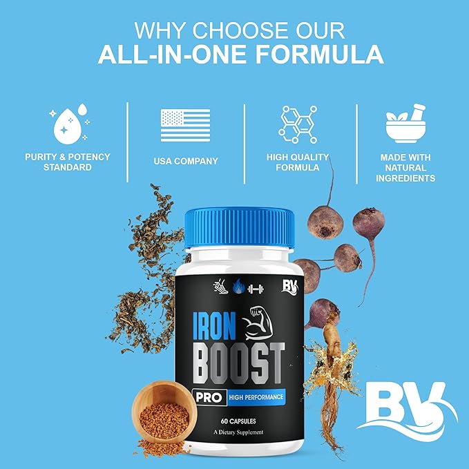 Iron Boost Pro Premium Supplement Capsules Iron Boost Advanced Health Supplement Pills Iron Boost Premium Daily Advanced Health Support and Overall Wellness Formula by Blue Vibe (60 Capsules)