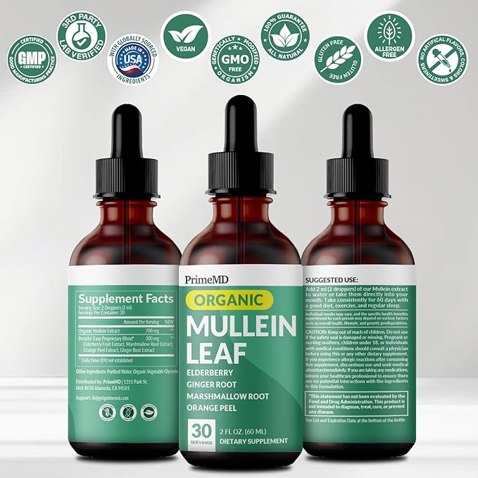5-in-1 Mullein Drops for Lungs and Bronchial - Respiratory Lung Health Support with Mullen Leaf Extract for Lungs - Mullein Tincture with Elderberry Echinacea and Ginger Root (60 Servings) (2-pack)