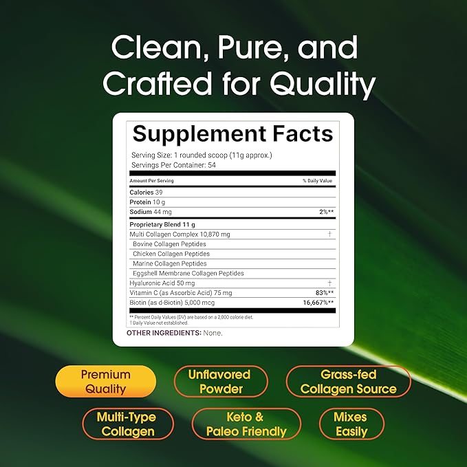 NatureBell Multi Collagen Protein Powder - 600g - Hydrolyzed Collagen Peptides - for Skin Hair Nail Joint &amp Bone Health Support* - Grass-Fed &amp Keto-Friendly - Unflavored