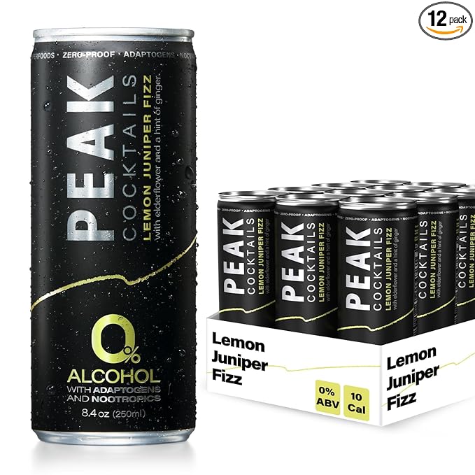 Peak Cocktails Non-Alcoholic Cocktail | Adaptogens Nootropics Superfoods for Recovery Calm Sleep | Ashwagandha Tart Cherry L-Theanine | Mixologist-crafted | Lemon Juniper Fizz | 8.4 oz 12-Pack
