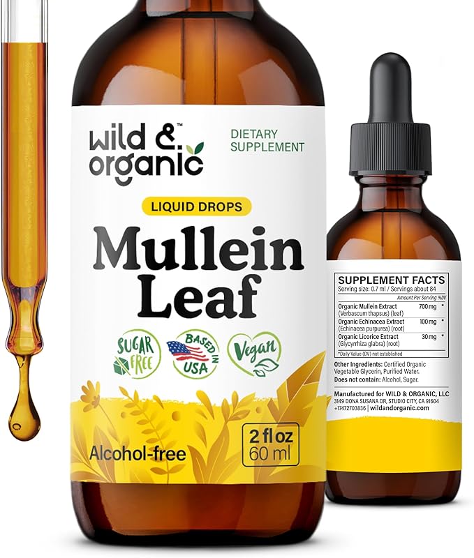 Wild &amp Organic Mullein Drops for Lungs - Herbal Detox and Cleanse - Mullein Leaf Extract for Lungs with Echinacea - Verbascum Thapsus Tincture - Vegan Sugar &amp Alcohol-Free Liquid Supplement -