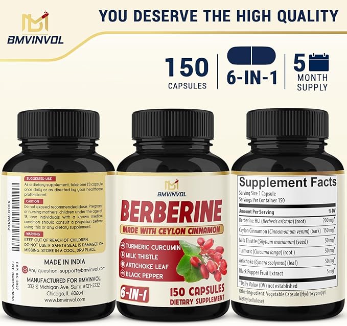Berberine with Ceylon Cinnamon Turmeric Milk Thistle Artichoke Black Pepper - 150 Count - Pack of 1