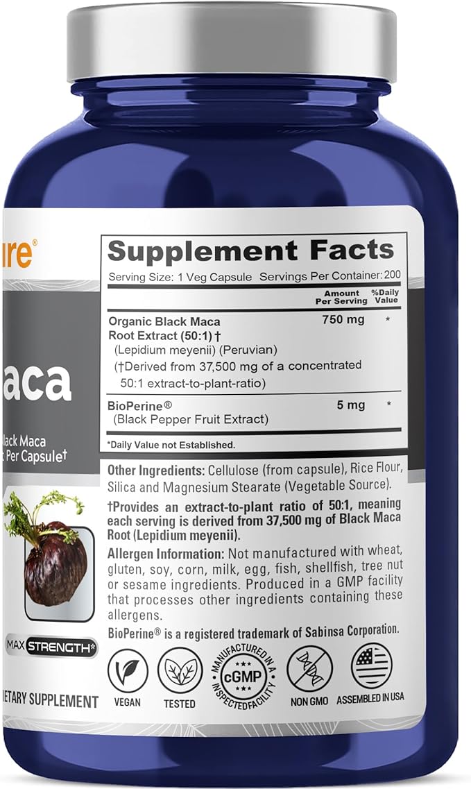 NusaPure Peruvian Black Maca Root Extract 50:1 - Suitable for Vegetarian/Vegan Non - GMO - 37500 mg - 200 Capsules
