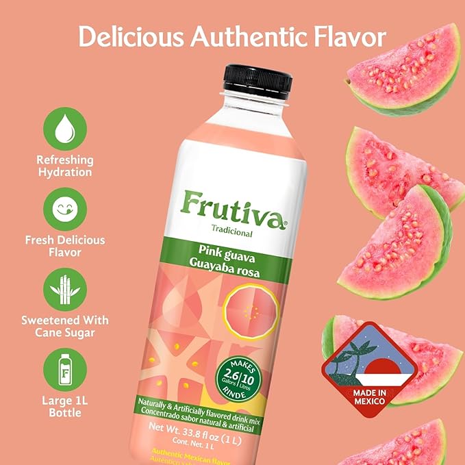 Frutiva Authentic Pink Guava Drink Mix | Made in Mexico with Cane Sugar | Aguas Frescas Concentrate Makes 2.6 Gallons Per Bottle | No High Fructose Corn Syrup | Perfect for Drinks Desserts &amp More