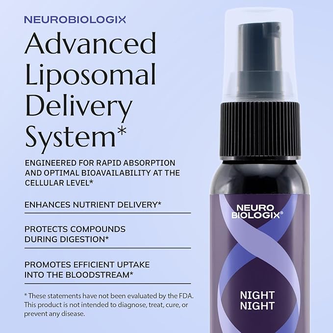 Neurobiologix Night Night Liposomal Sleep Spray Melatonin &amp GABA Oral Spray for Relaxation Bedtime Routine &amp Restful Nights Fast Absorbing Liposomal Delivery Non Habit Forming Vegan 1 Fl