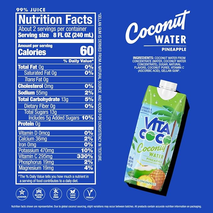 Vita Coco Coconut Water Naturally Hydrating Electrolyte Drink Smart Alternative to Coffee Soda and Sports Drinks Gluten Free Pineapple 16.9 Fl Oz (Pack of 12) 202.8 Fl Oz
