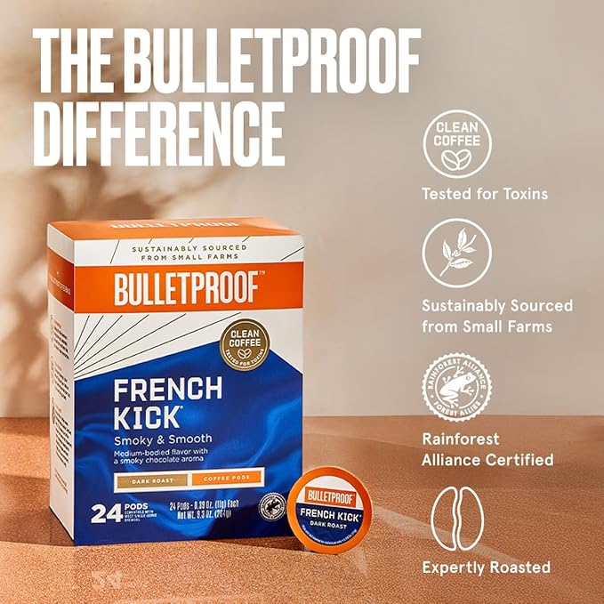 Bulletproof French Kick Dark Roast Single Serve Pods 72 Count 100% Arabica Coffee Clean Coffee Tested for Toxins Packaging May Vary