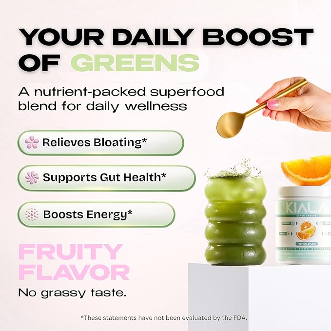 Kiala Nutrition Super Greens Organic Greens Powder with Spirulina &amp Chlorella for Digestion Gut Health Immunity Adaptogens Energy Gluten Free Vegan Sugar Free Watermelon Slush 30 Serving