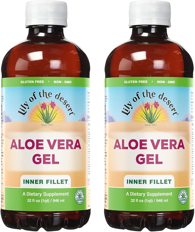 Lily Of The Desert Aloe Vera Gel - Inner Fillet Thicker Consistency Aloe Vera Drink with Natural Vitamins Digestive Enzymes for Gut Health Stomach Relief Wellness Glowing Skin 32 Oz (Pack of 2)