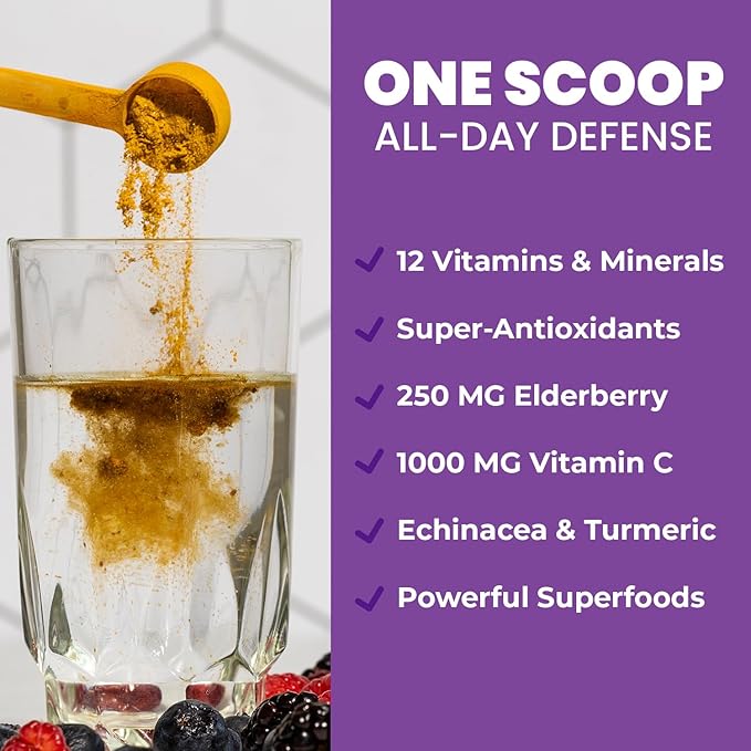 GOBIOTIX Vitamin C - Immune Defense Support Supplement - Immunity Powder Wellness Booster - Vegan Superfood - Elderberry Turmeric B12 Vitamin Supplement Non-GMO and Sugar Free (Berry)