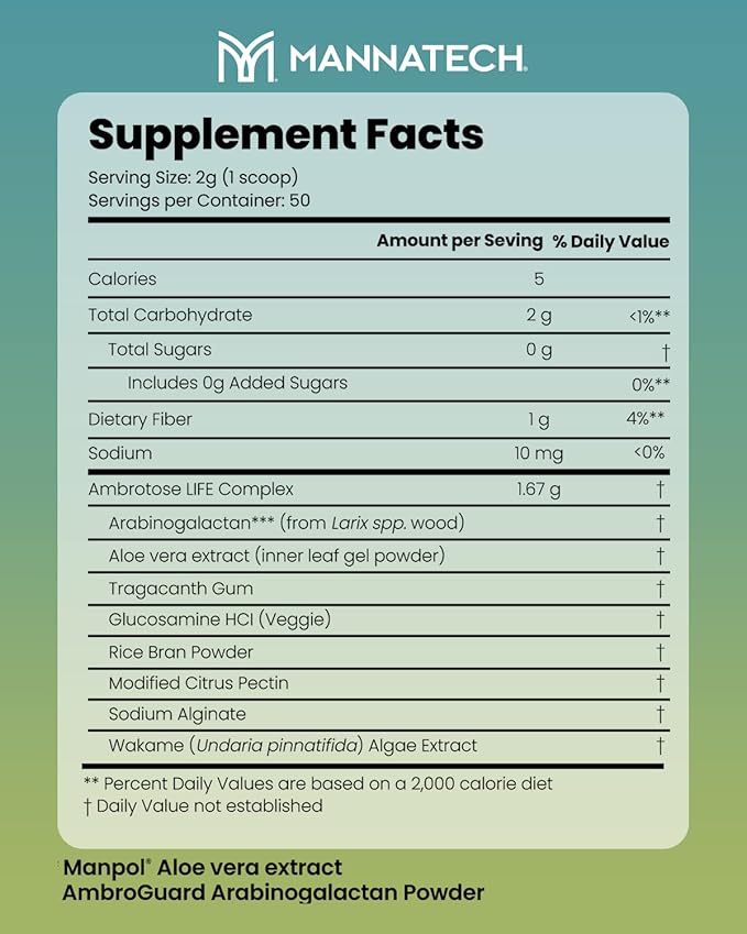 Immune Support Supplement Mannatech Ambrotose Life (Powder) 100g Supports Cell-to-Cell Communication and a Healthy Immune Defense with Manapol Powder Pure 100% Natural Aloe Vera Supplement