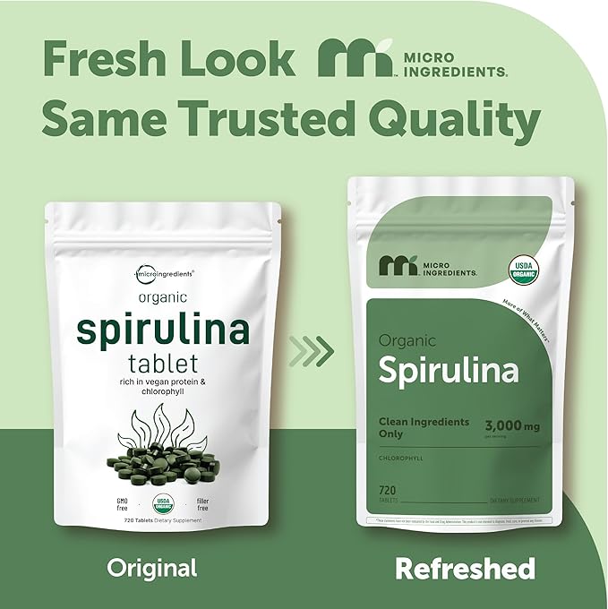 Micro Ingredients Organic Spirulina Supplement 720 Tablets (4 Month Supply) No Filler &amp Non-GMO Rich in Vegan Protein Vitamins &amp Prebiotics Premium Spirulina Pills