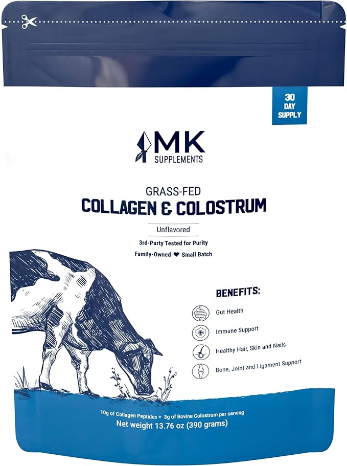 MK Supplements Collagen &amp Colostrum – Grass-Fed Bovine Collagen &amp Bovine Colostrum Powder – Skin Gut Joint &amp Immune Support – Keto Paleo Carnivore Friendly – No Additives