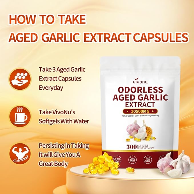 VivoNu Aged Garlic Extract Capsules 10500mg Odorless Garlic Supplements with Magnesium Chromium B1 &amp B9 Supports Immune Health &amp Heart Function| 2 Years Matured | 300 Softgels