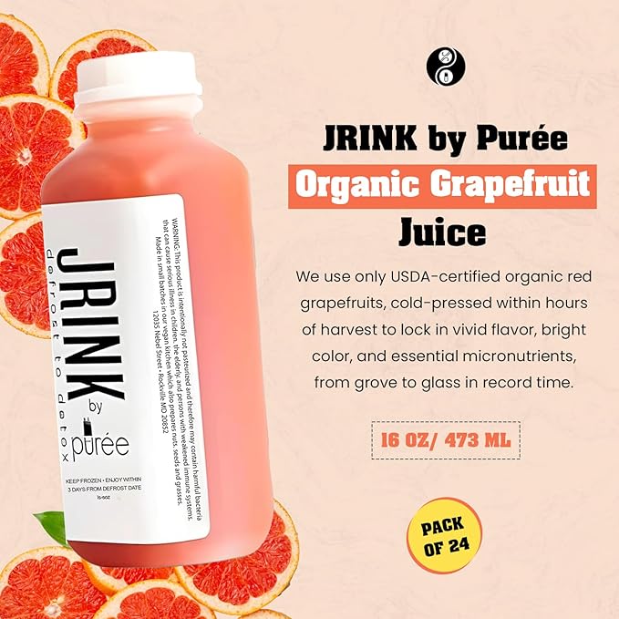 JRINK by Purée Organic Grapefruit Juice Cold Pressed Raw Fruit Cleanse Healthy Detox with No Preservatives Organic Juice Cleanse in HDPE Bottles Grape Citrus Beverage 16oz Pack of 24